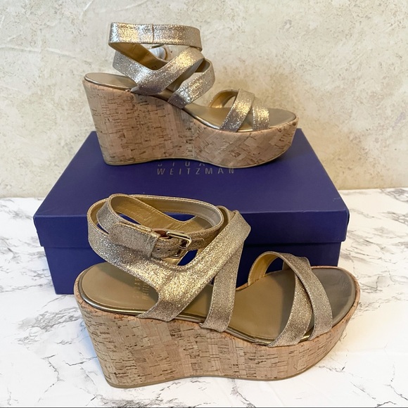 *STUART WEITZMAN* Today Sand Gold Glitter Wedges - Picture 2 of 13